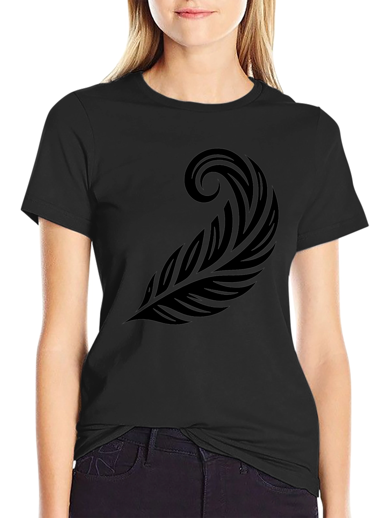 Black T-Shirt with Tribal Feather Graphic