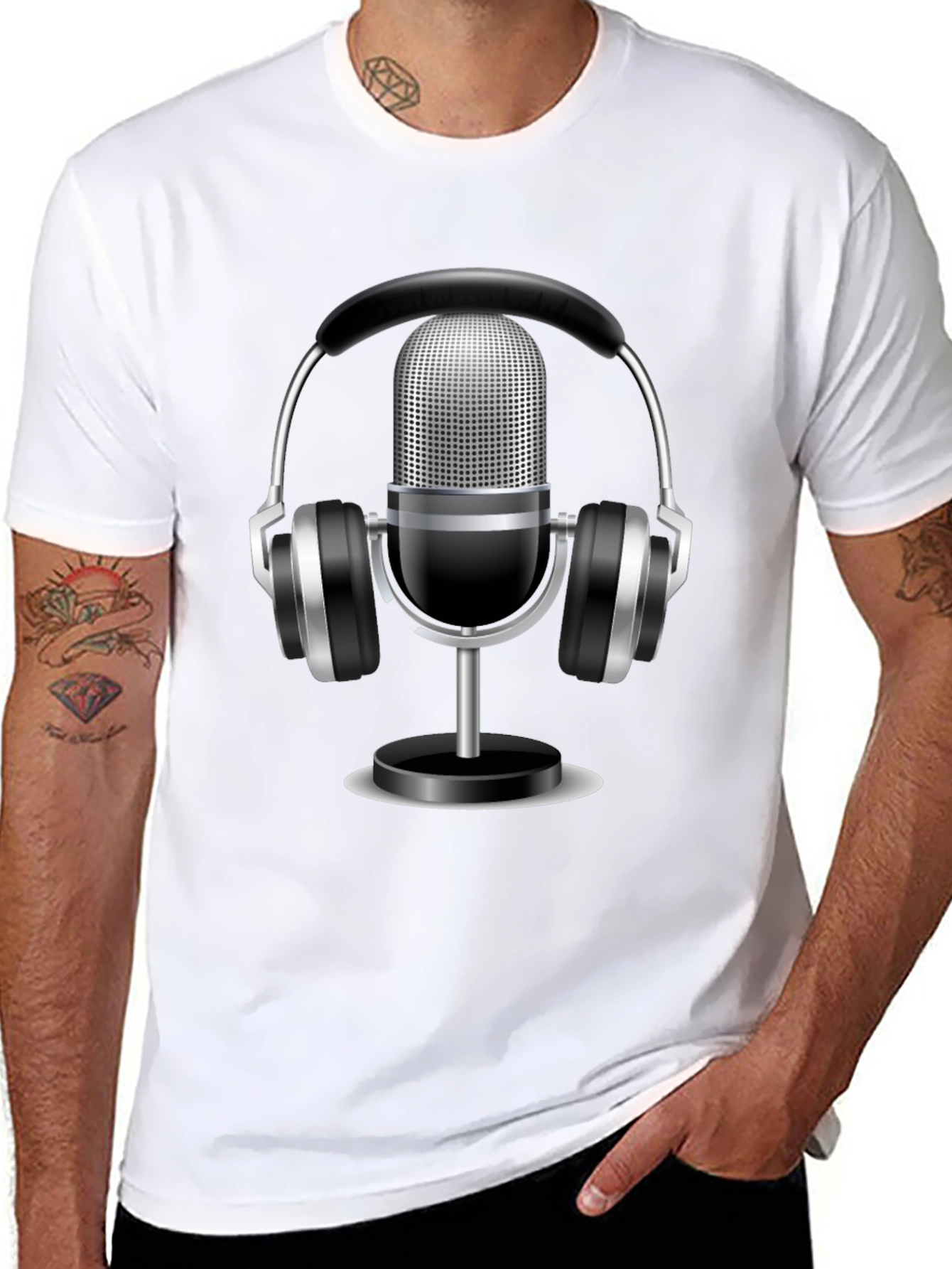 Podcast Ready: Black T-Shirt with Mic & Headphone Graphic