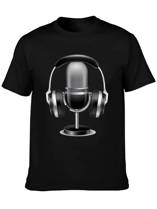 Podcast Ready: Black T-Shirt with Mic & Headphone Graphic