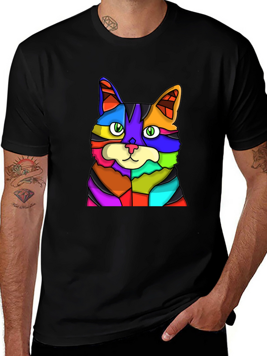 Colorful Cat Graphic Black T-Shirt
