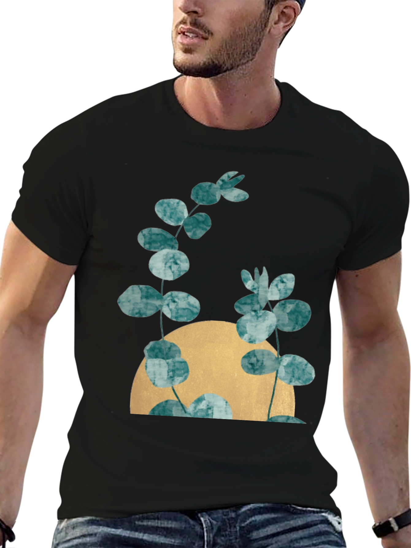 Botanical Moon Black T-Shirt - Modern Nature Tee