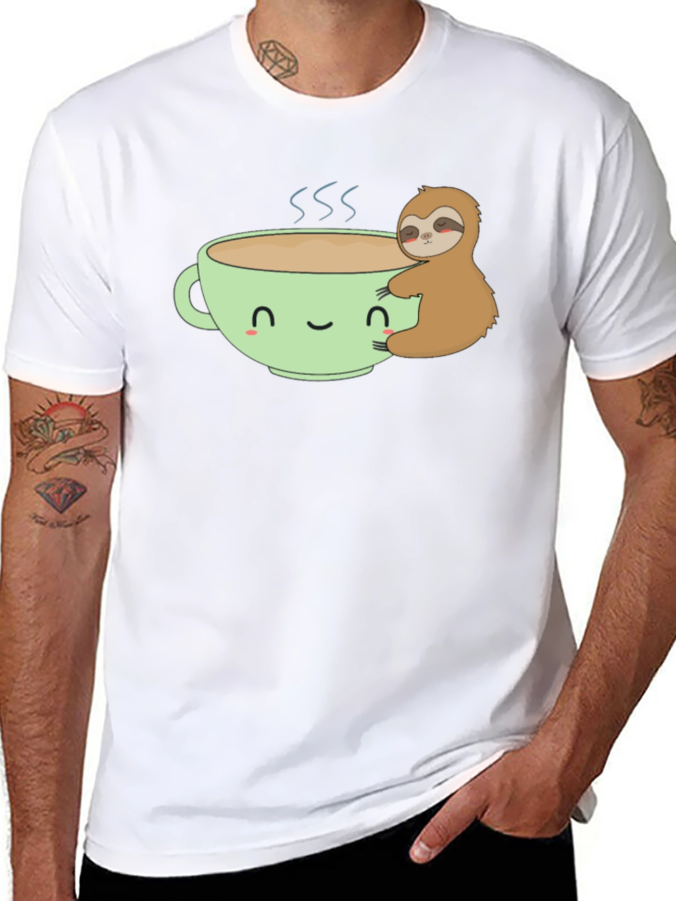 Sloth Hugging Coffee Cup Graphic T-Shirt