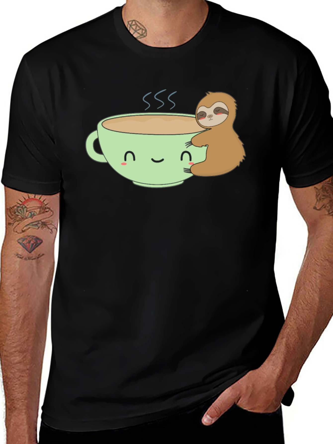 Sloth Hugging Coffee Cup Graphic T-Shirt