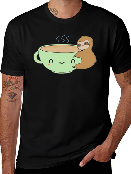 Sloth Hugging Coffee Cup Graphic T-Shirt