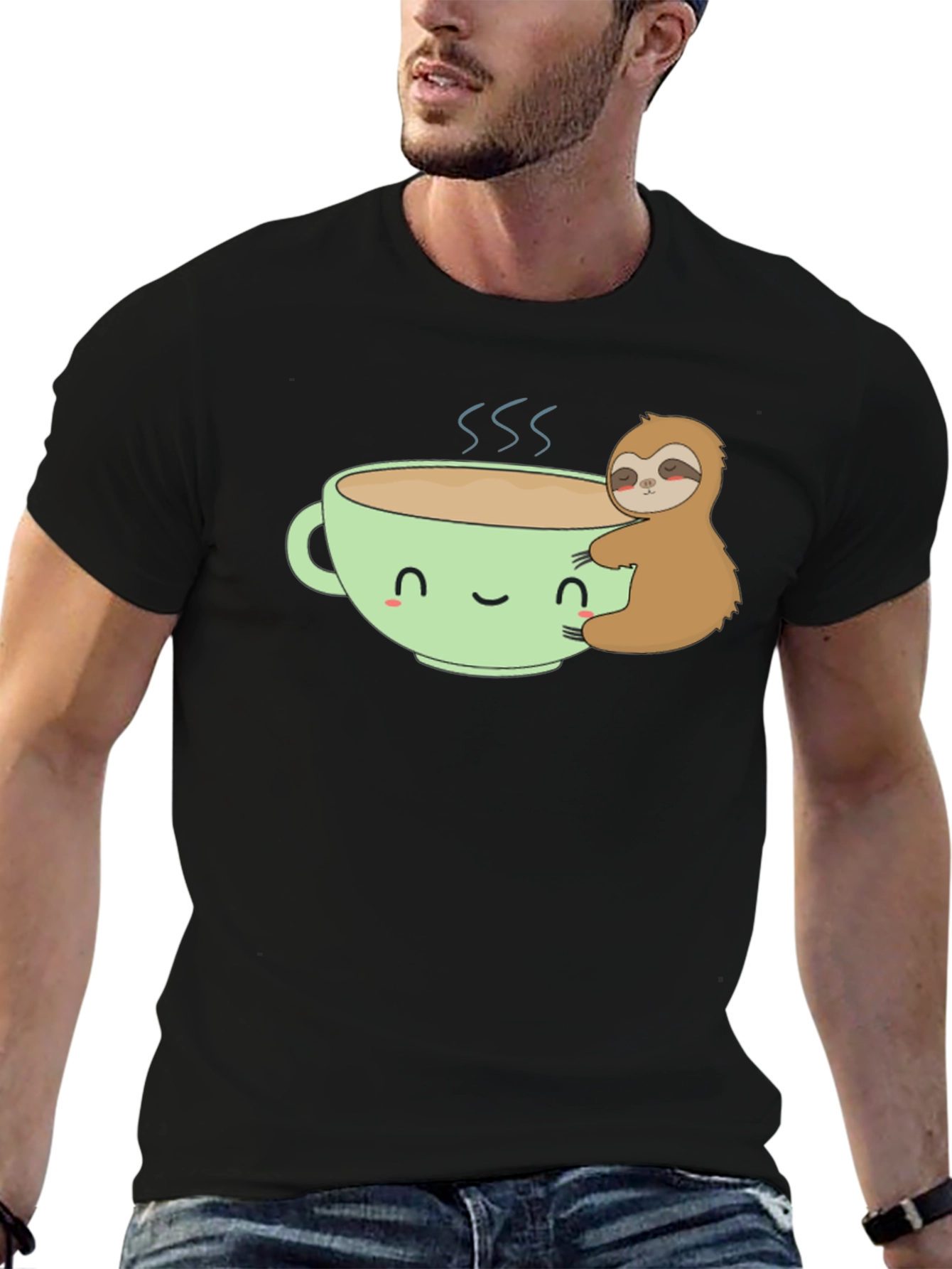 Sloth Hugging Coffee Cup Graphic T-Shirt