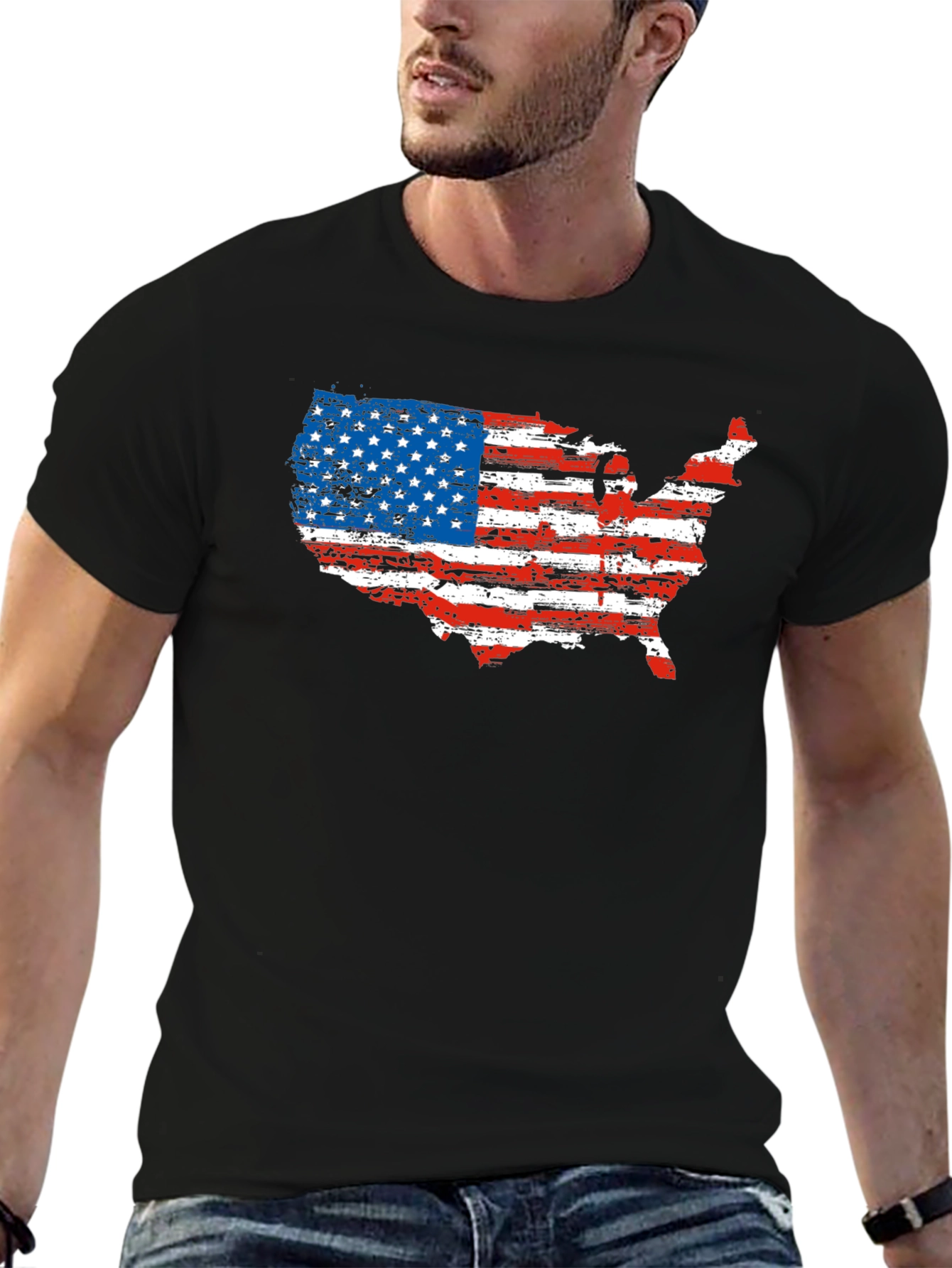 USA Flag Map Graphic Black T-Shirt