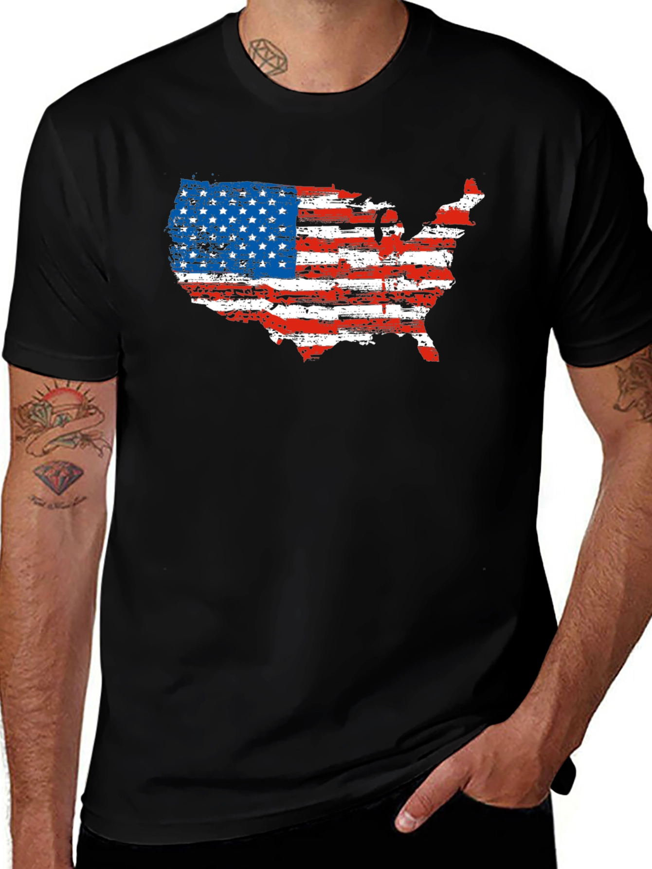 USA Flag Map Graphic Black T-Shirt