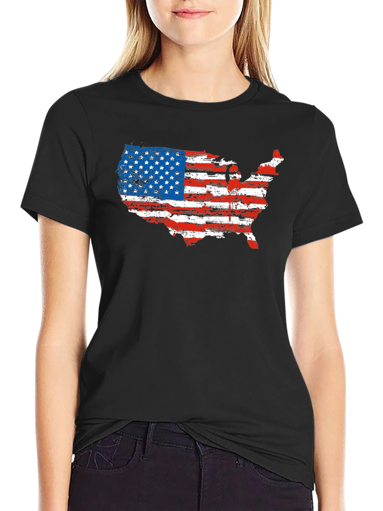 USA Flag Map Graphic Black T-Shirt