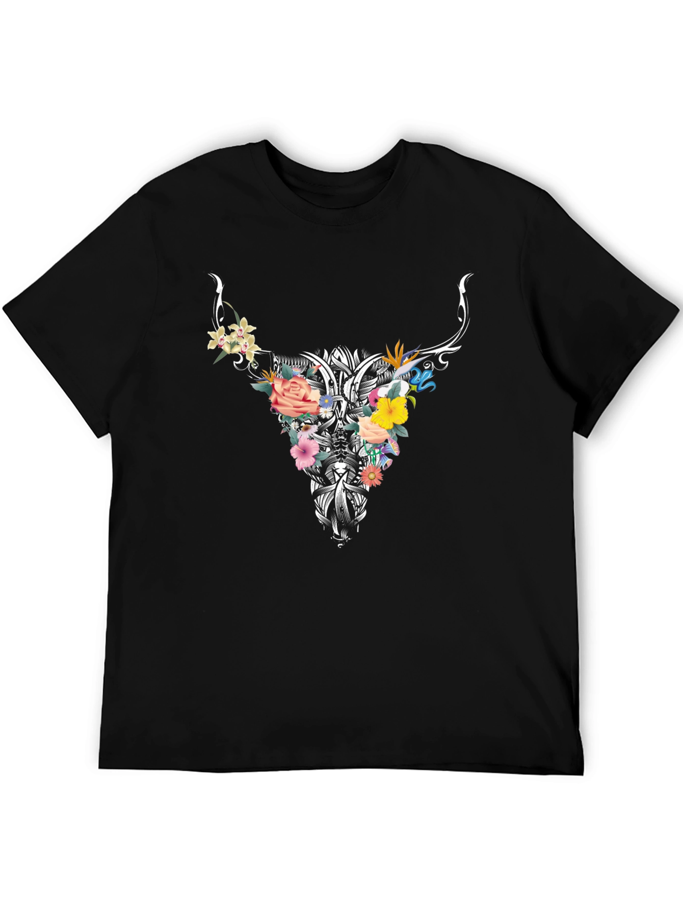 Floral Bull Skull Graphic Tee - Black
