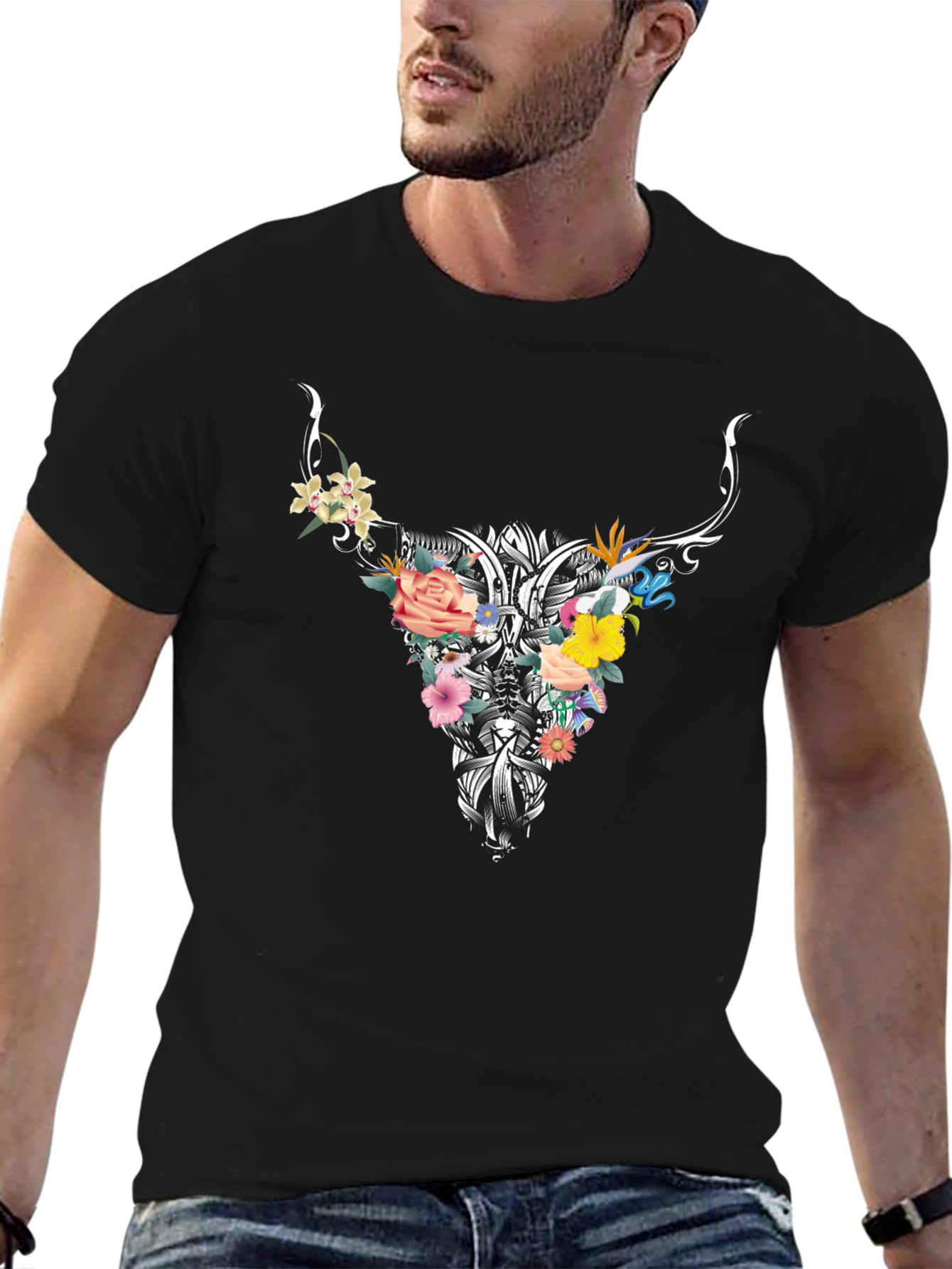 Floral Bull Skull Graphic Tee - Black
