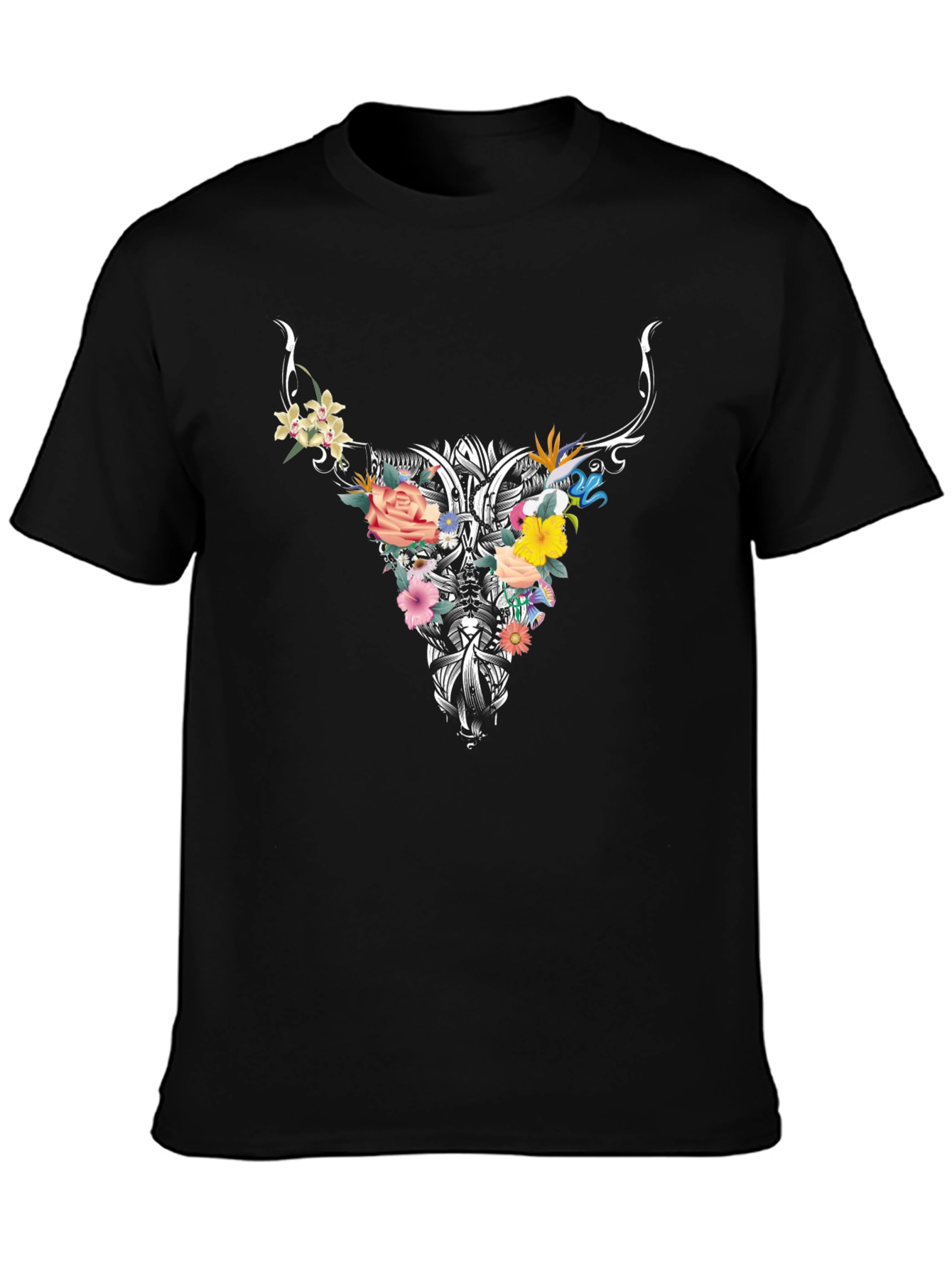 Floral Bull Skull Graphic Tee - Black