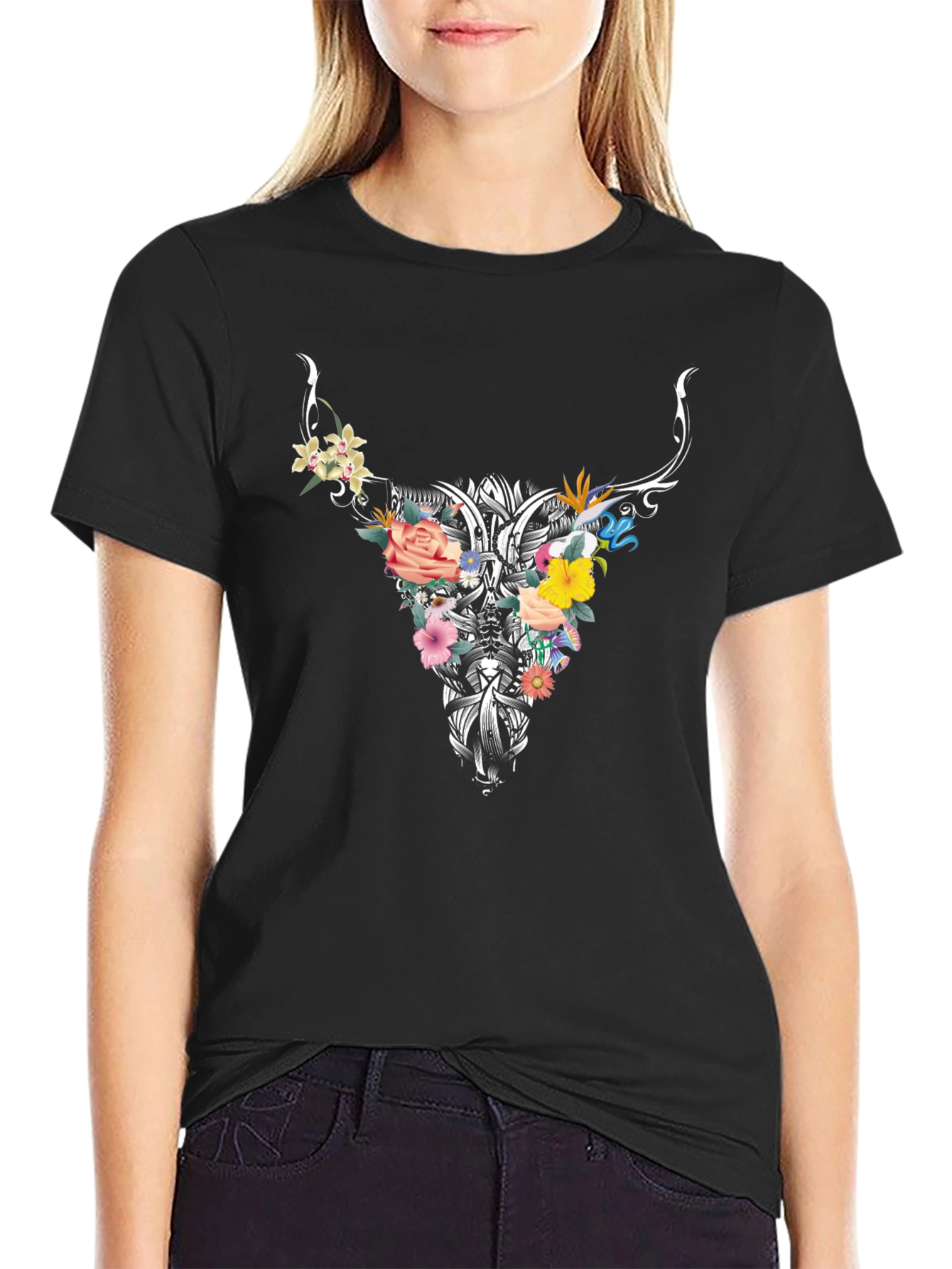 Floral Bull Skull Graphic Tee - Black