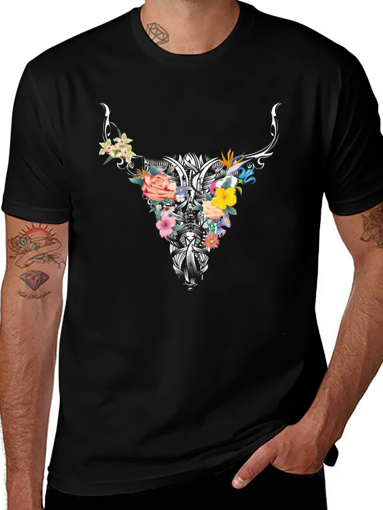 Floral Bull Skull Graphic Tee - Black