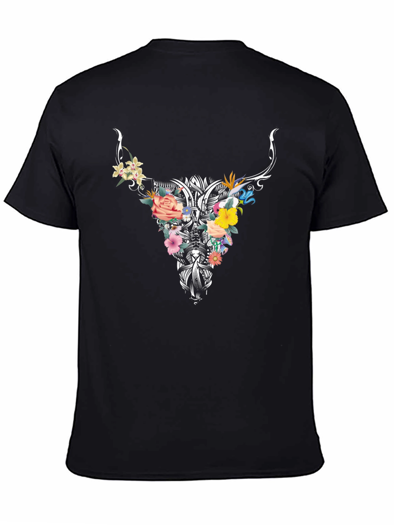Floral Bull Skull Graphic Tee - Black