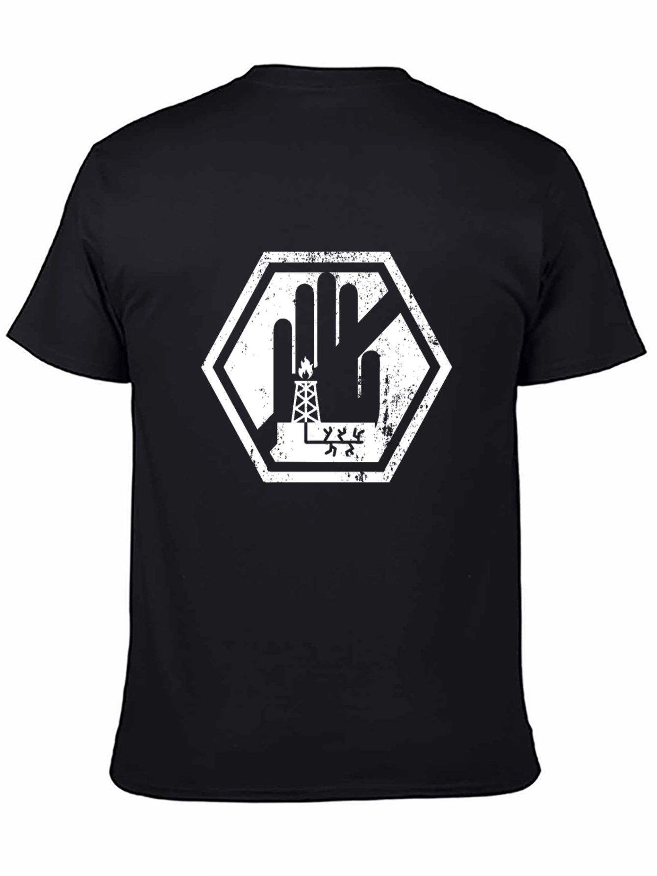 Black Graphic Tee - Oil Rig Palm Hexagon Design