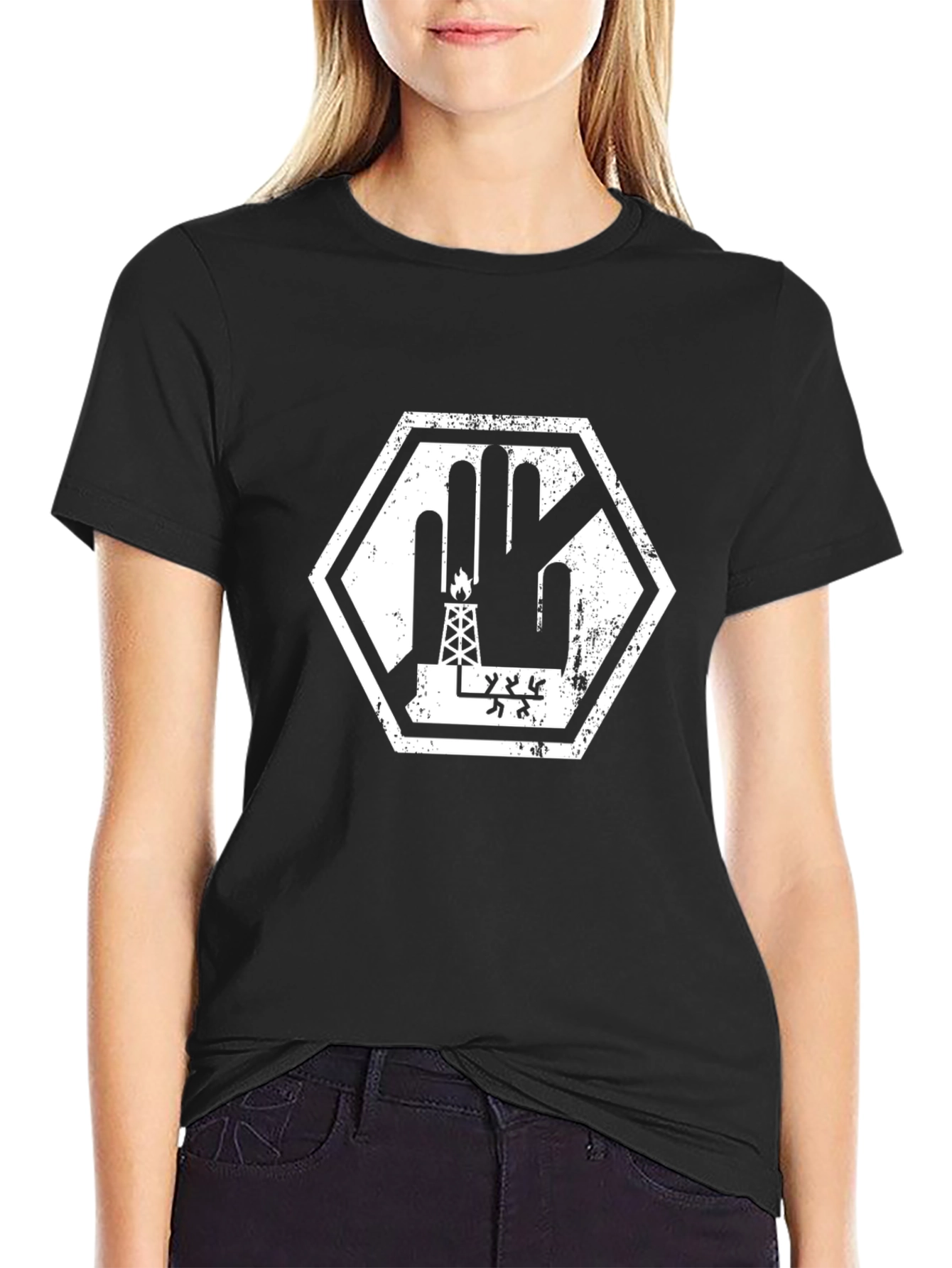 Black Graphic Tee - Oil Rig Palm Hexagon Design