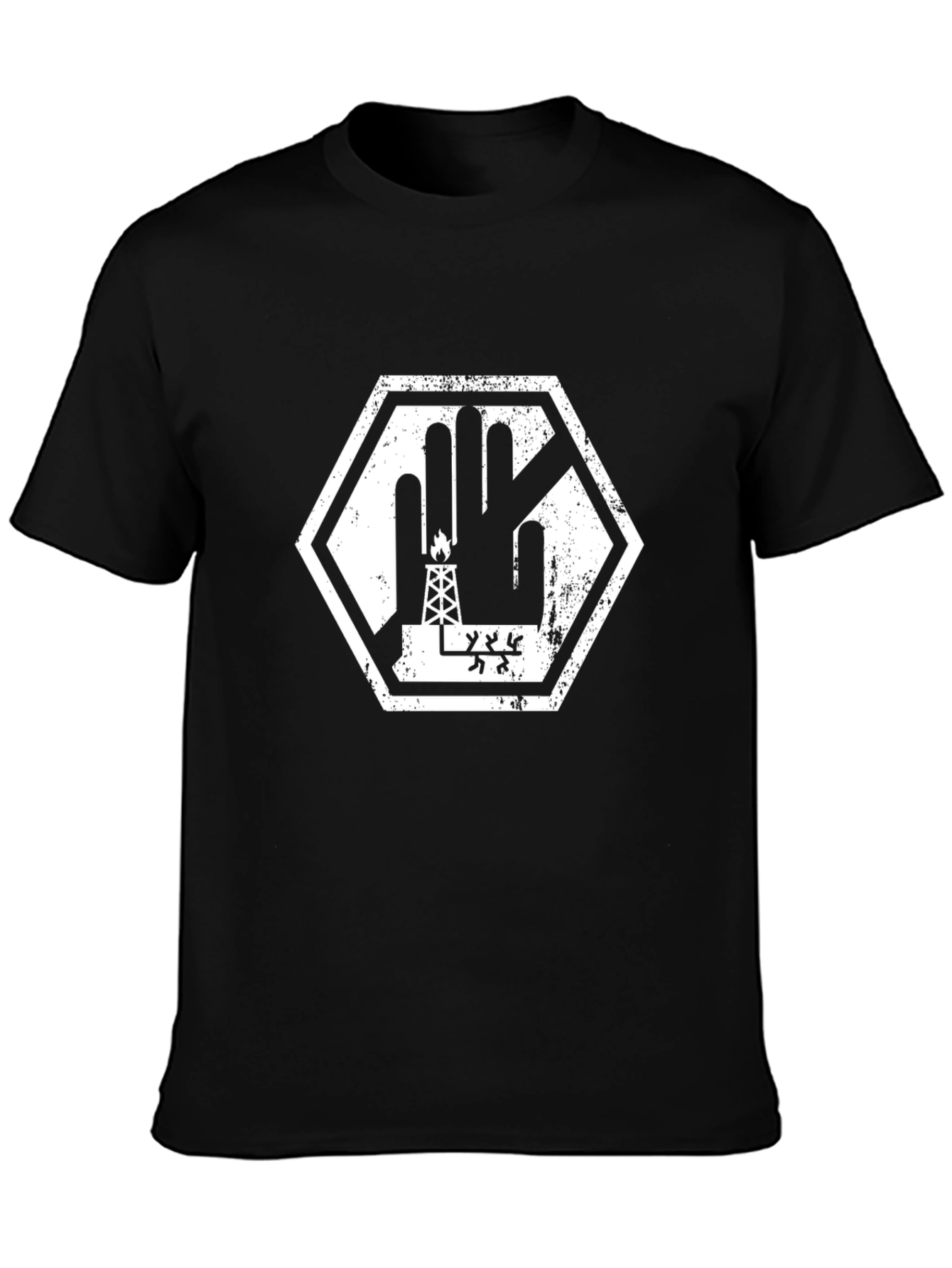 Black Graphic Tee - Oil Rig Palm Hexagon Design