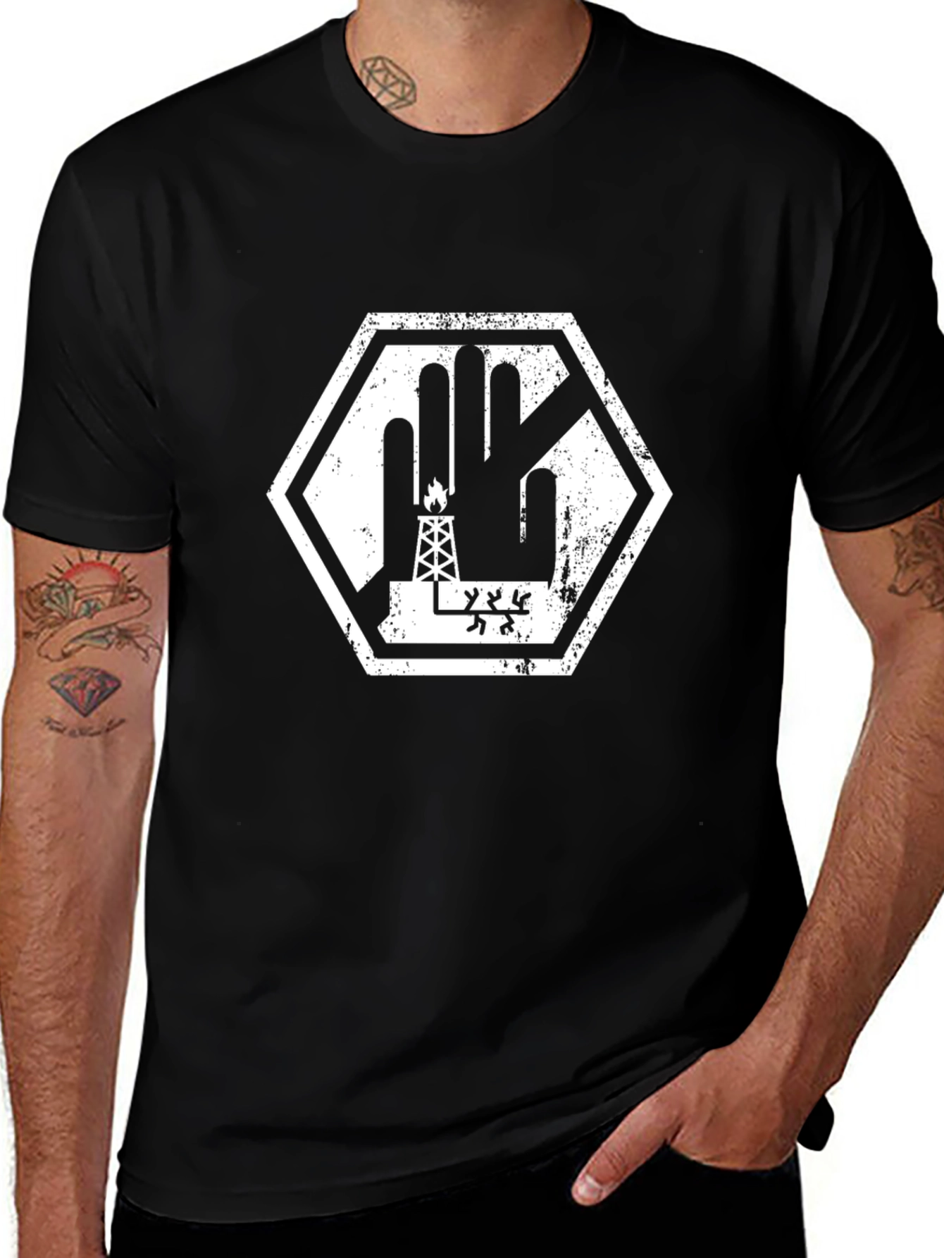 Black Graphic Tee - Oil Rig Palm Hexagon Design