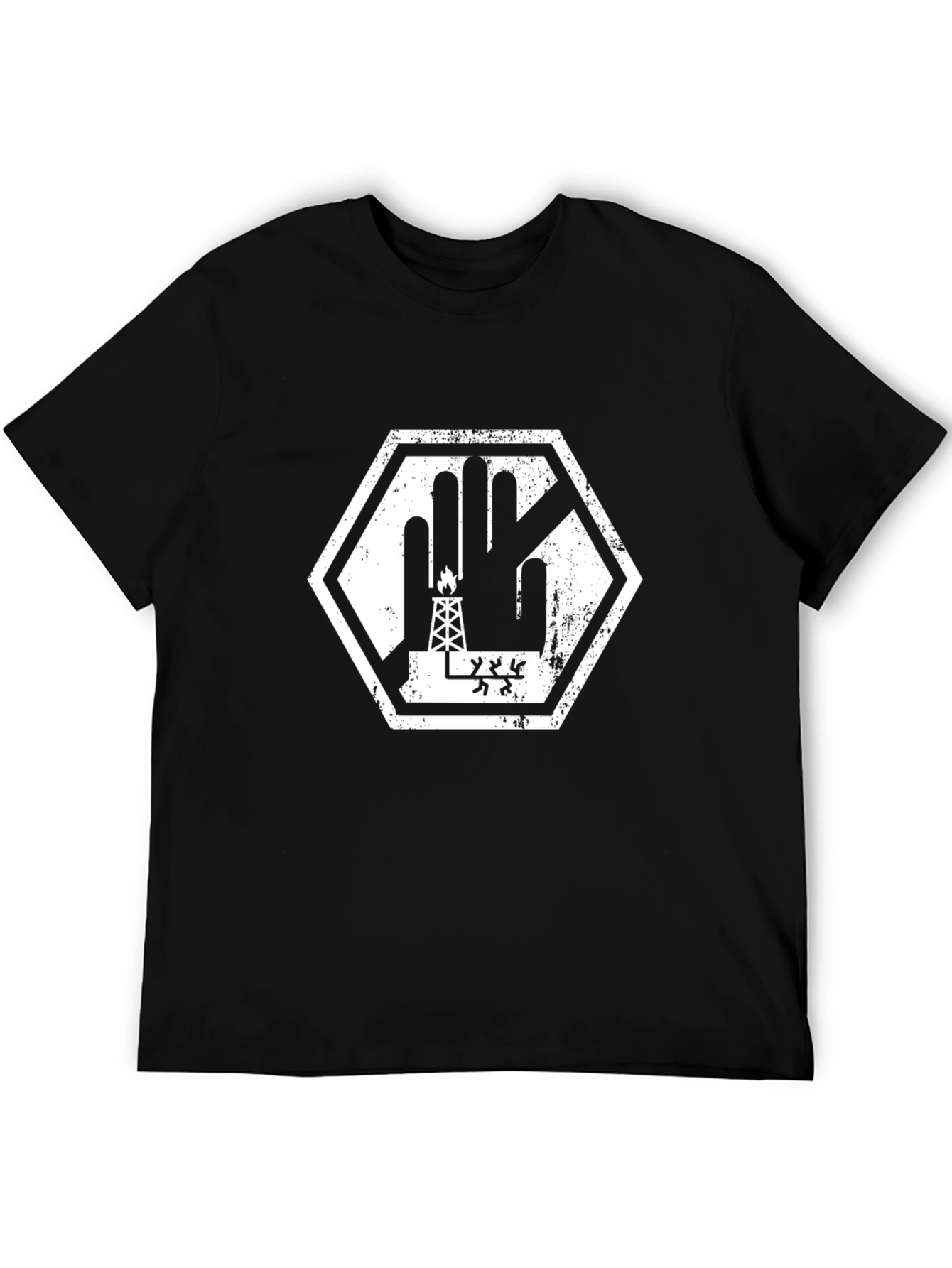 Black Graphic Tee - Oil Rig Palm Hexagon Design