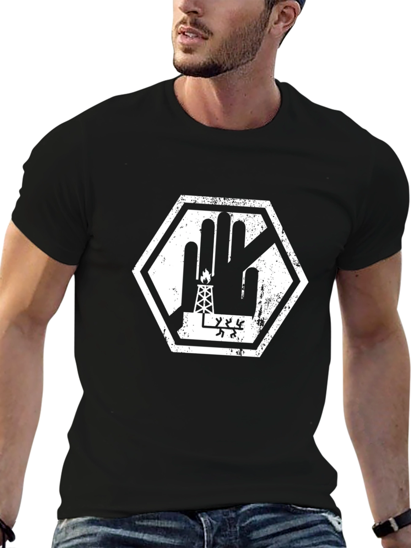 Black Graphic Tee - Oil Rig Palm Hexagon Design