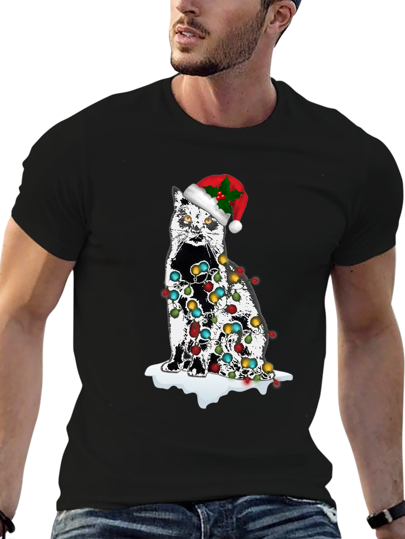 Christmas Cat T-Shirt with Lights & Santa Hat