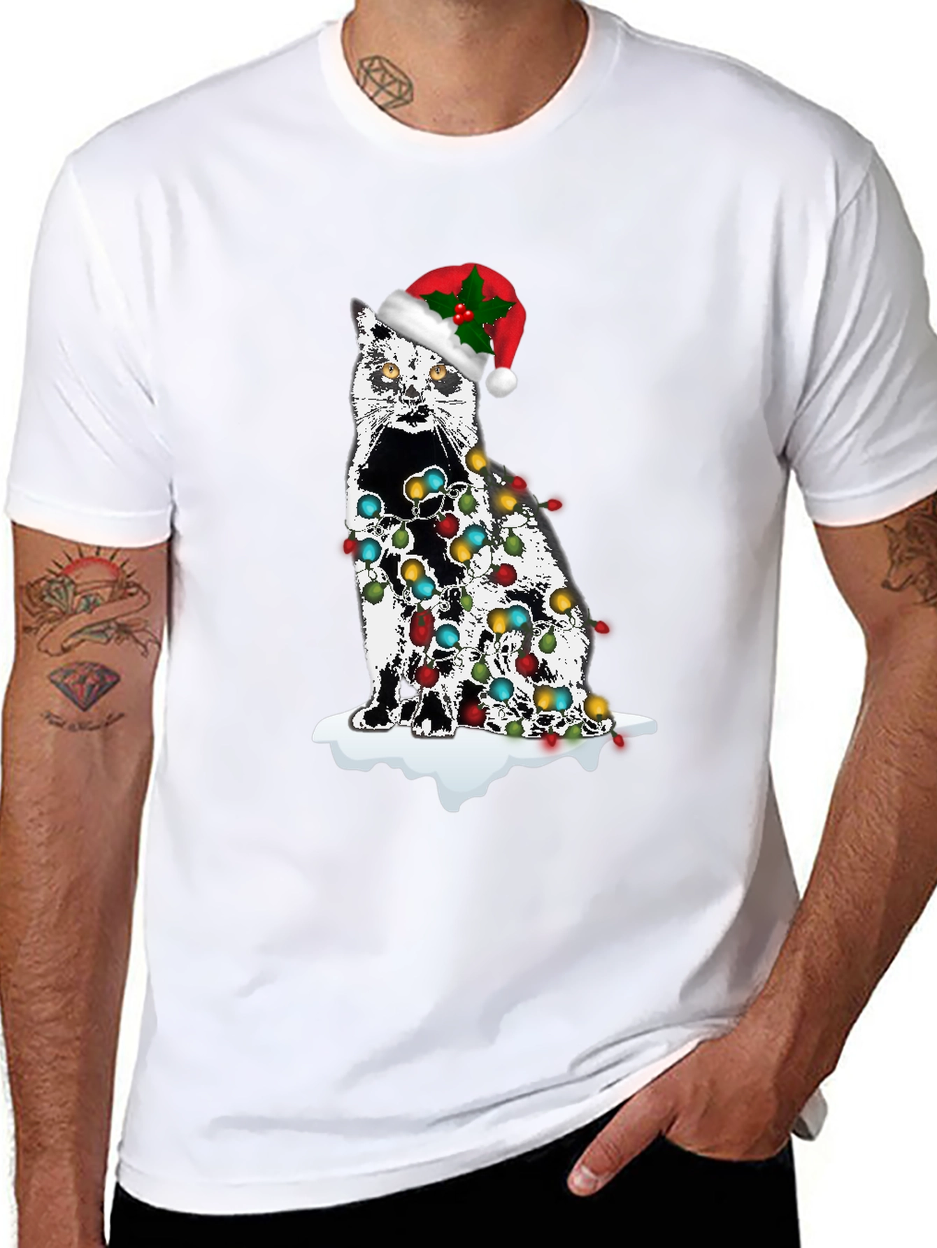 Christmas Cat T-Shirt with Lights & Santa Hat