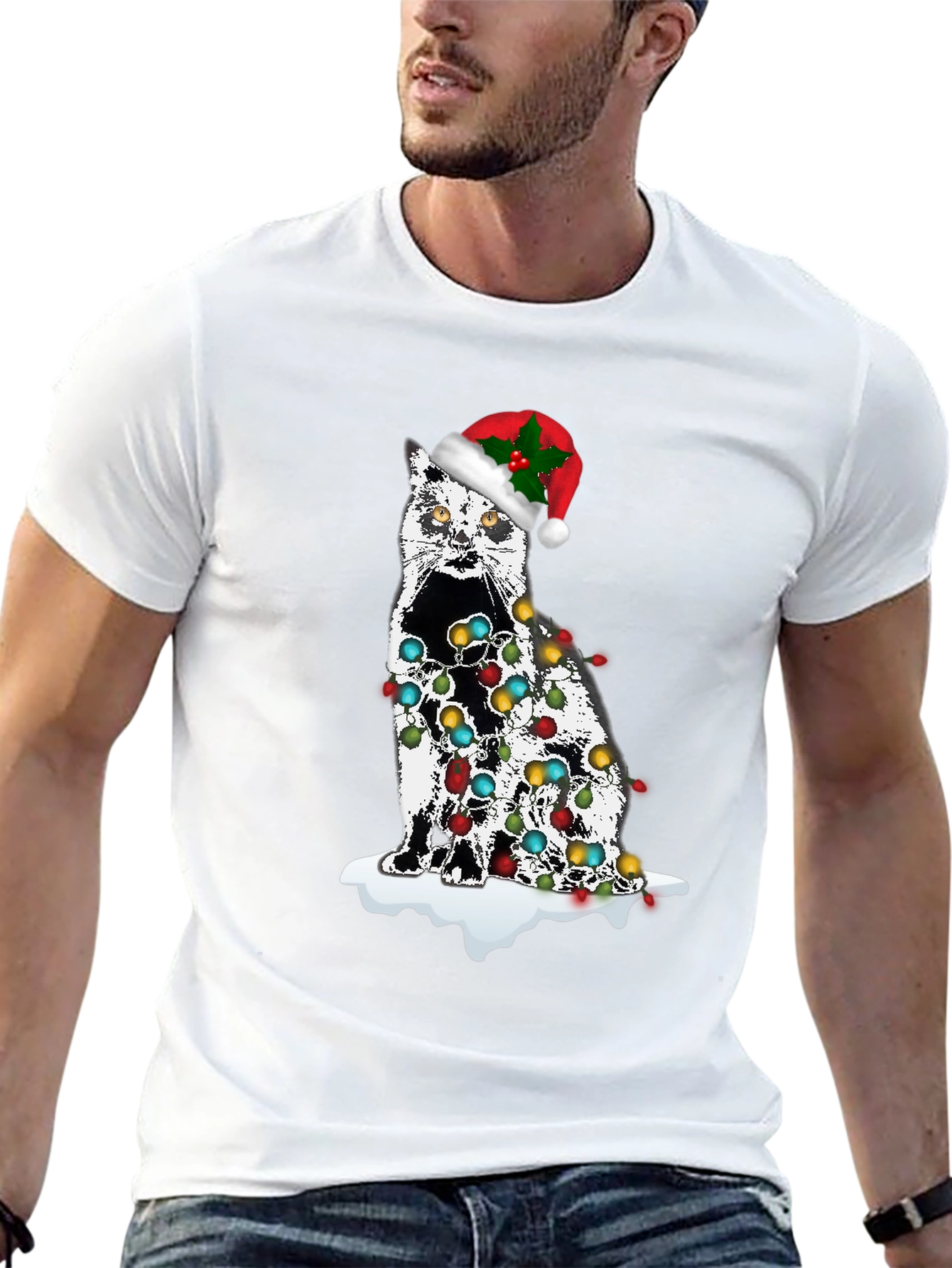 Christmas Cat T-Shirt with Lights & Santa Hat