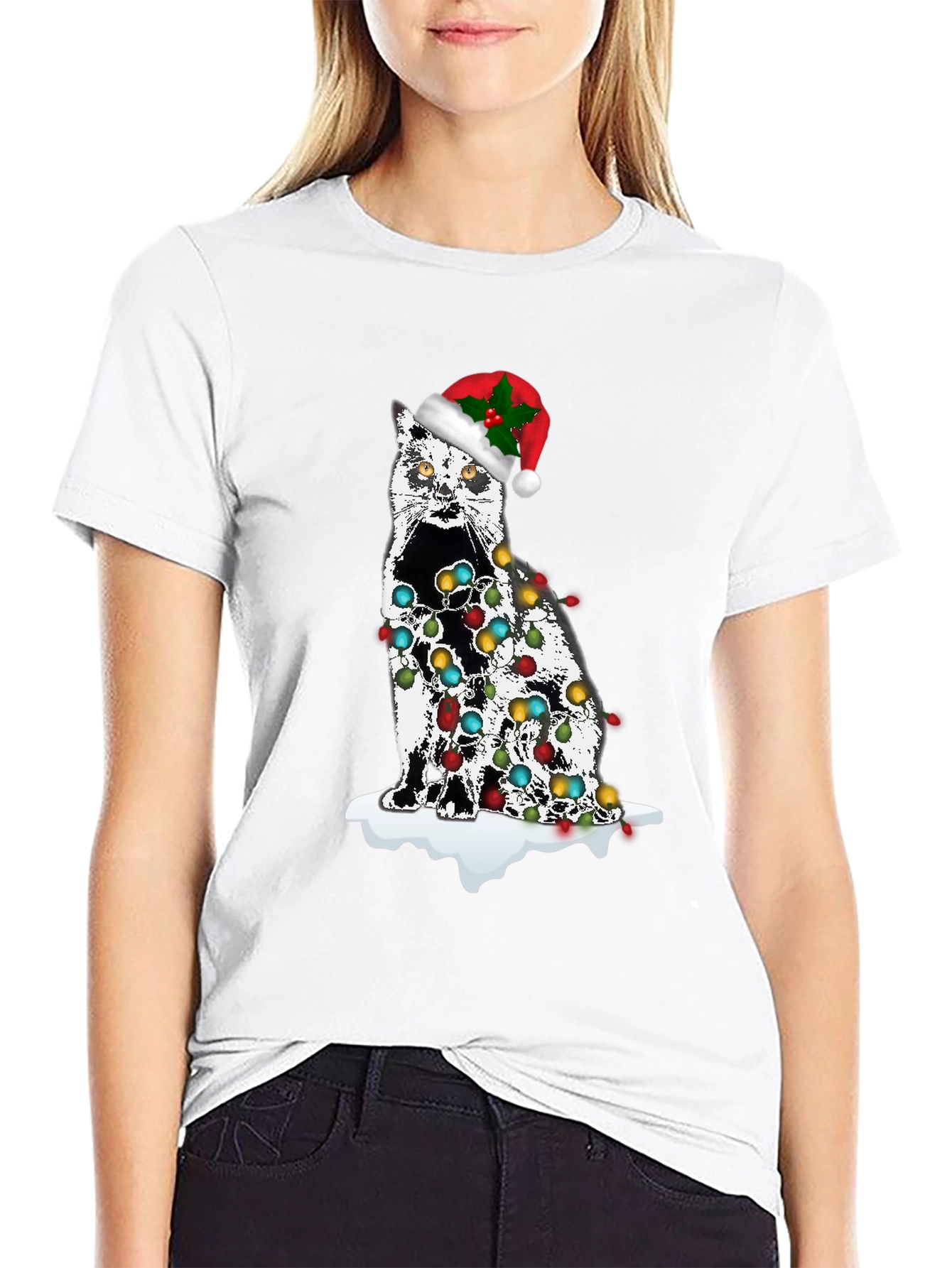 Christmas Cat T-Shirt with Lights & Santa Hat