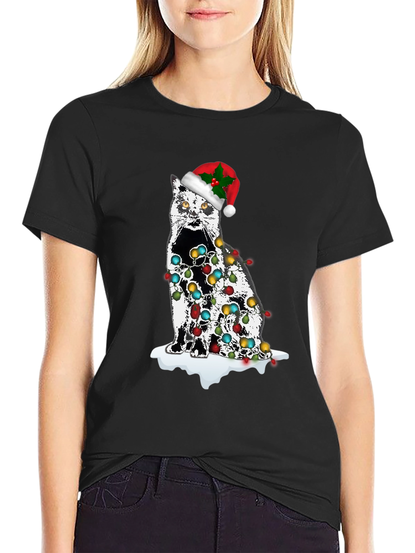 Christmas Cat T-Shirt with Lights & Santa Hat