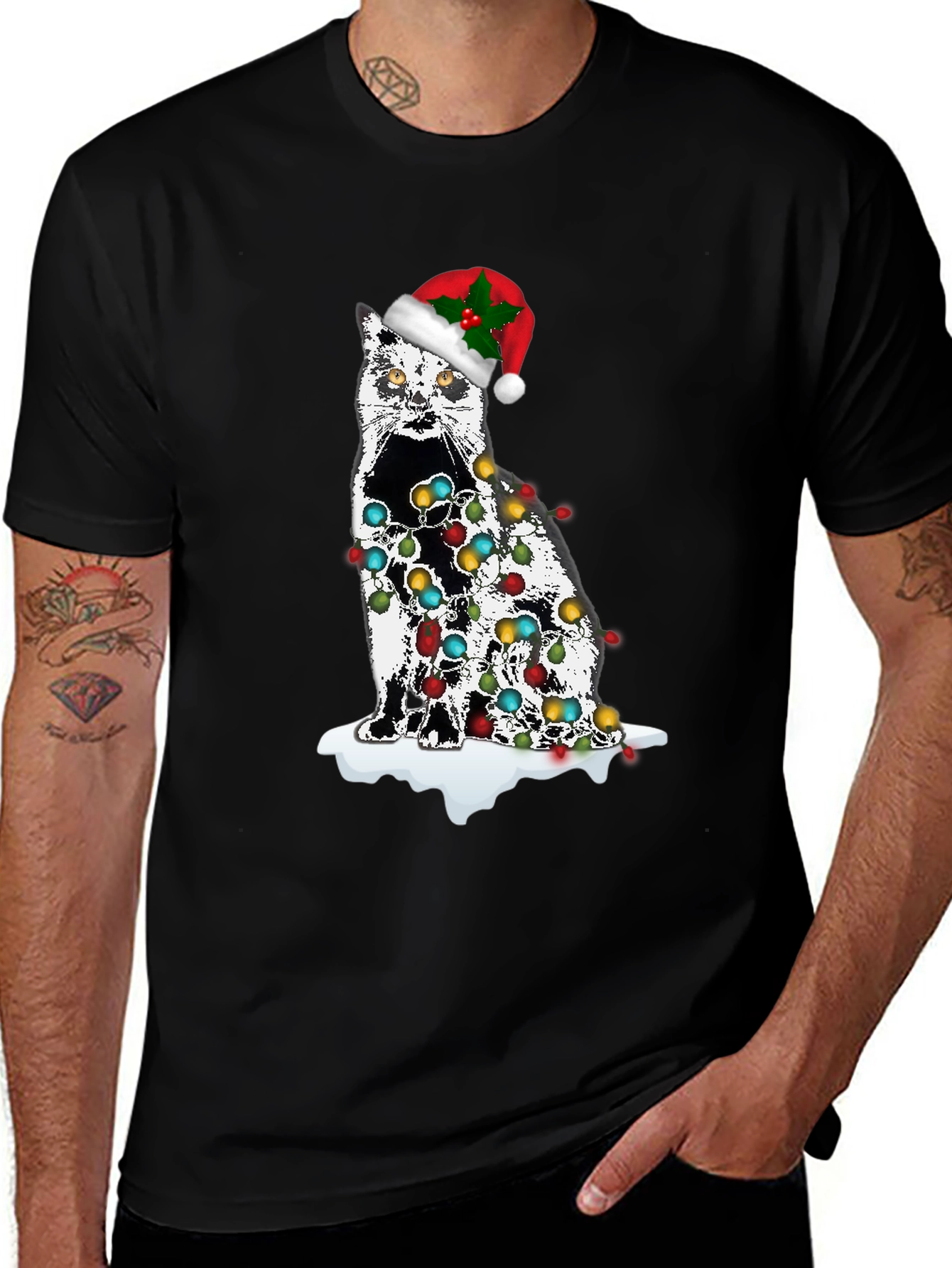 Christmas Cat T-Shirt with Lights & Santa Hat
