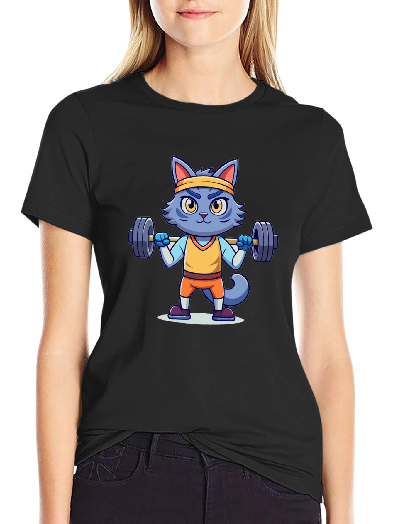 Weightlifting Cat T-Shirt - Black Cotton Tee