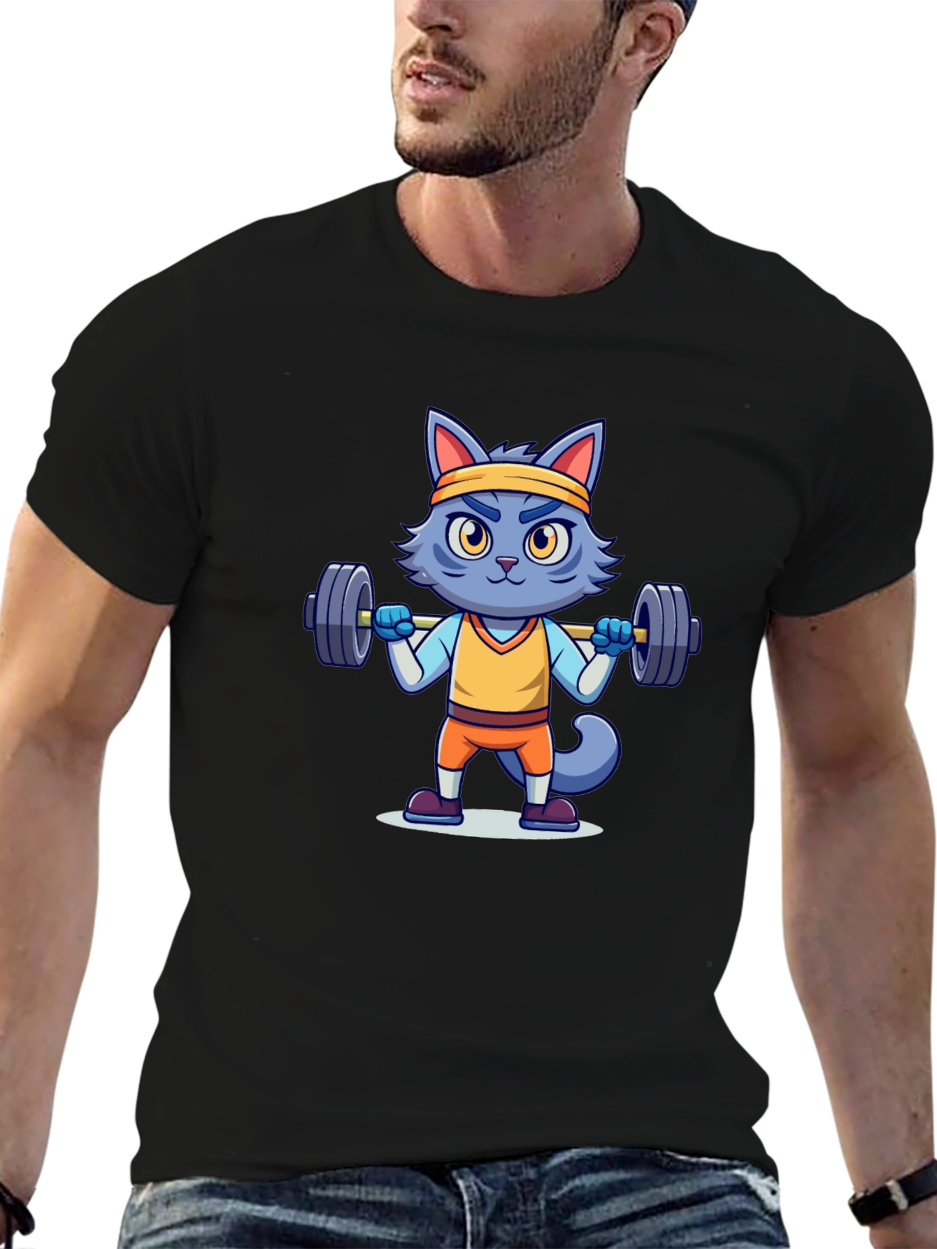Weightlifting Cat T-Shirt - Black Cotton Tee