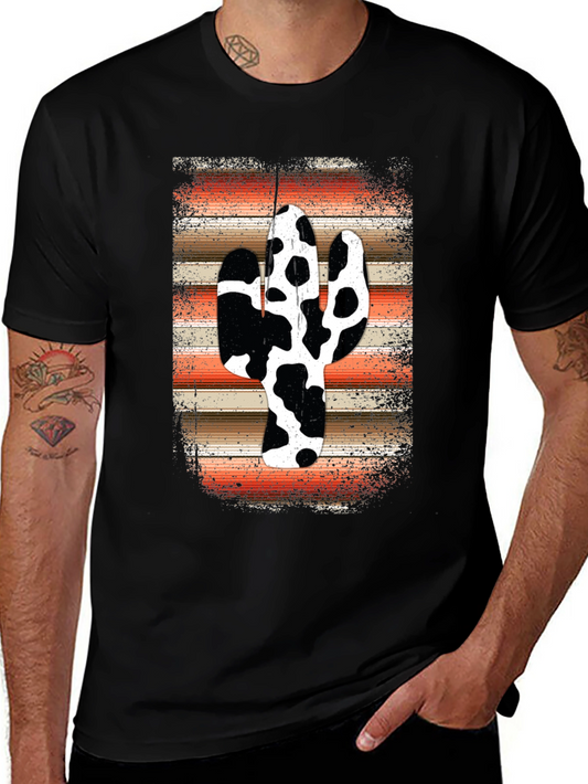 Cow Print Cactus Graphic Tee - Western Style