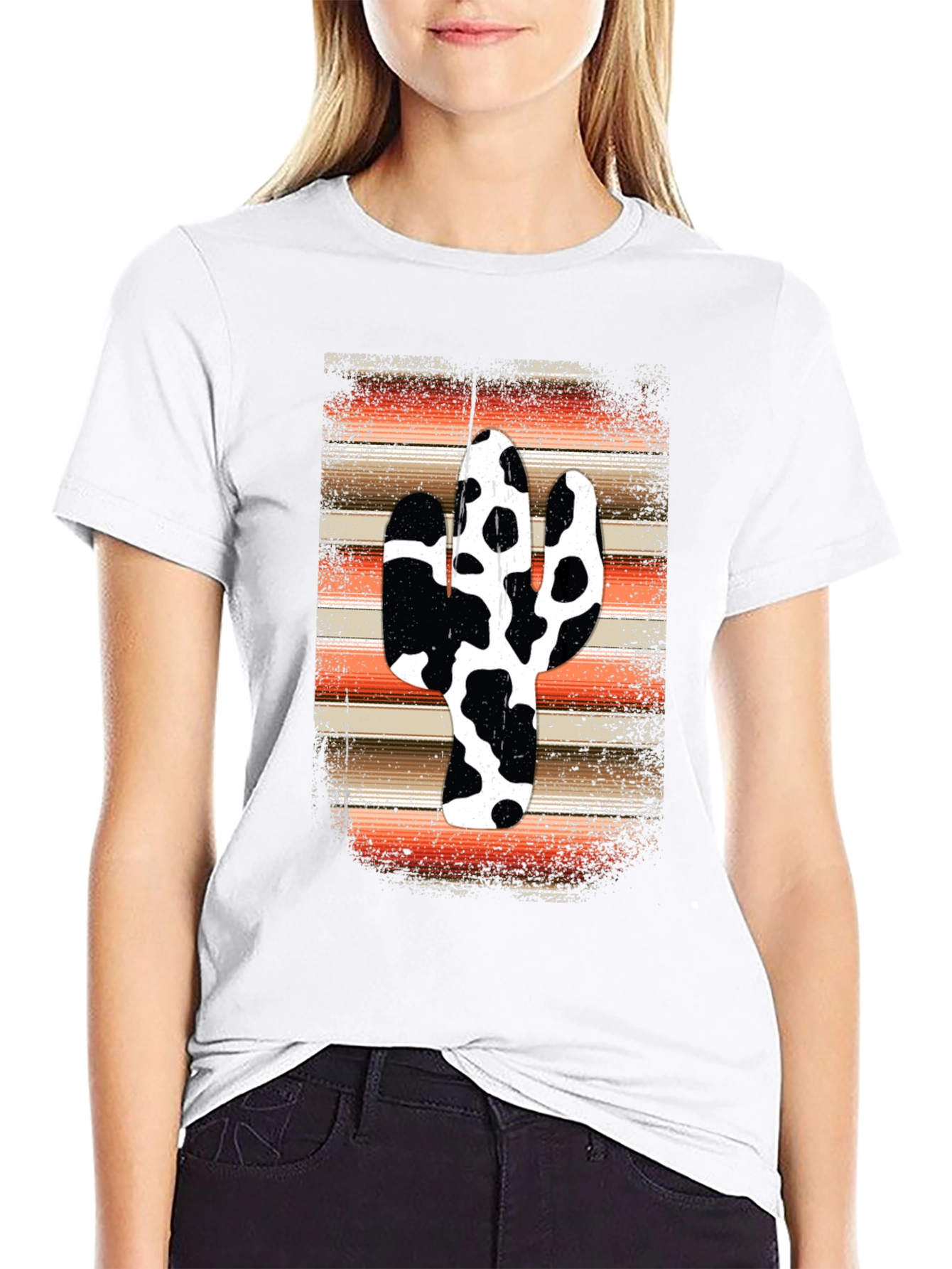 Cow Print Cactus Graphic Tee - Western Style