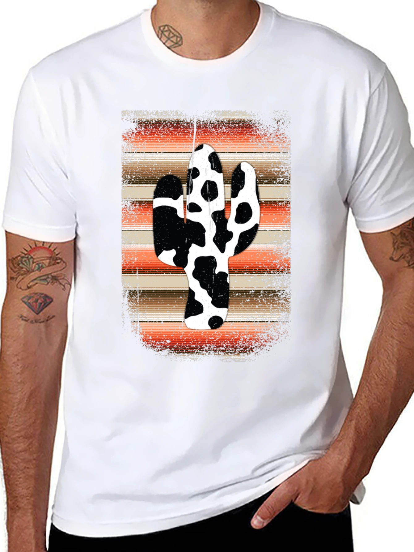 Cow Print Cactus Graphic Tee - Western Style