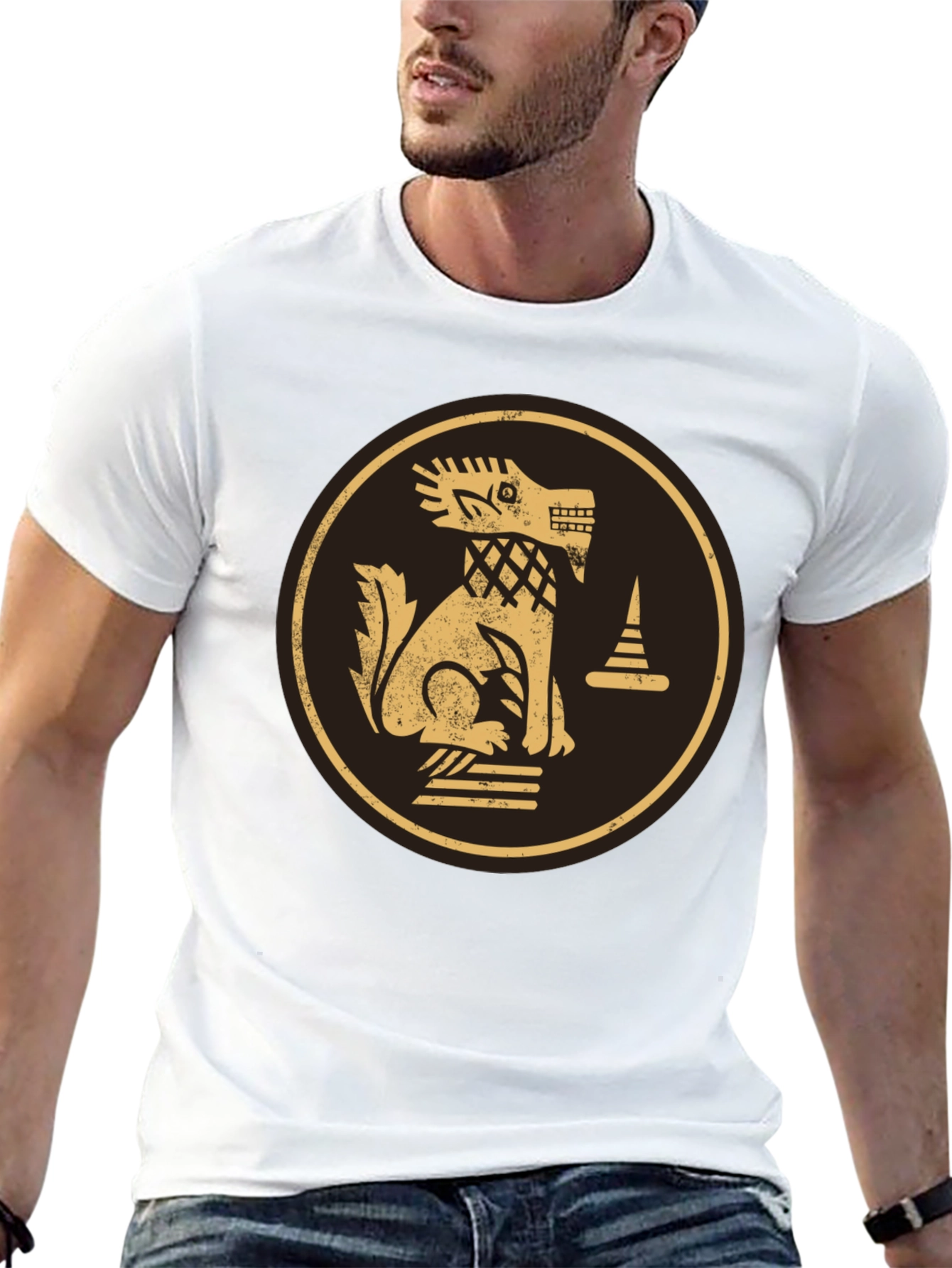 Black T-Shirt with Golden Aztec Dog Design