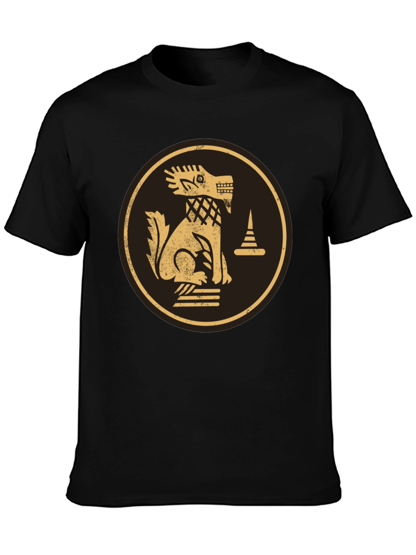 Black T-Shirt with Golden Aztec Dog Design