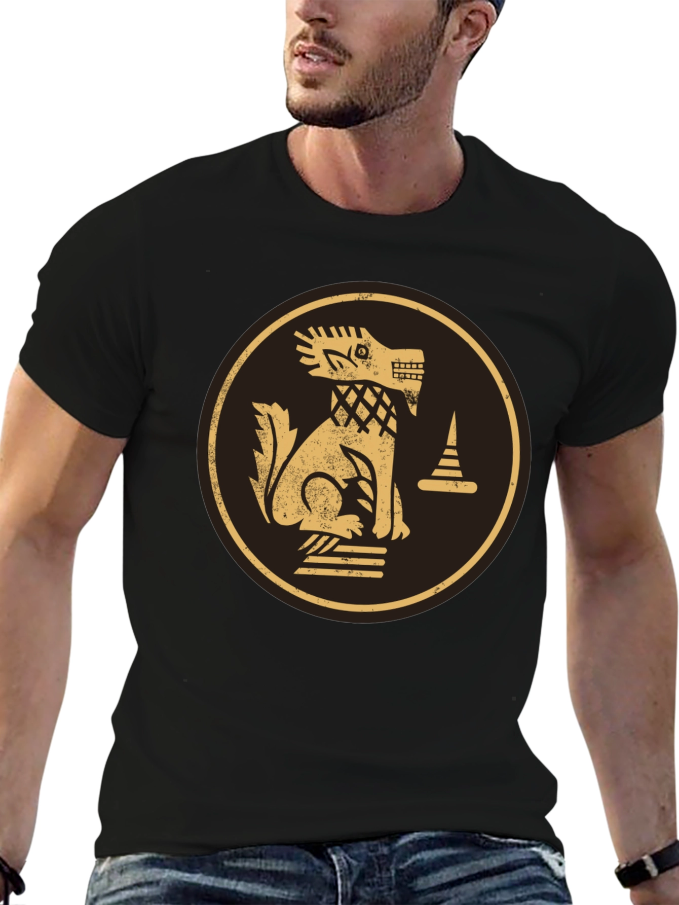 Black T-Shirt with Golden Aztec Dog Design