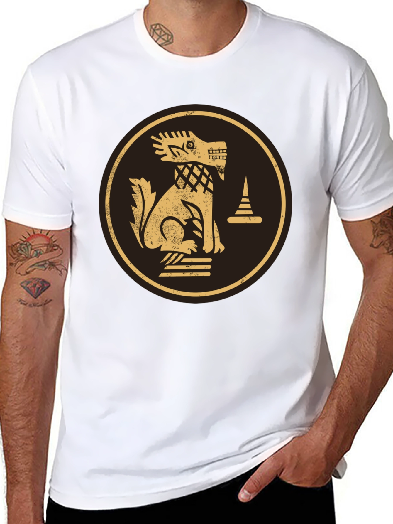 Black T-Shirt with Golden Aztec Dog Design