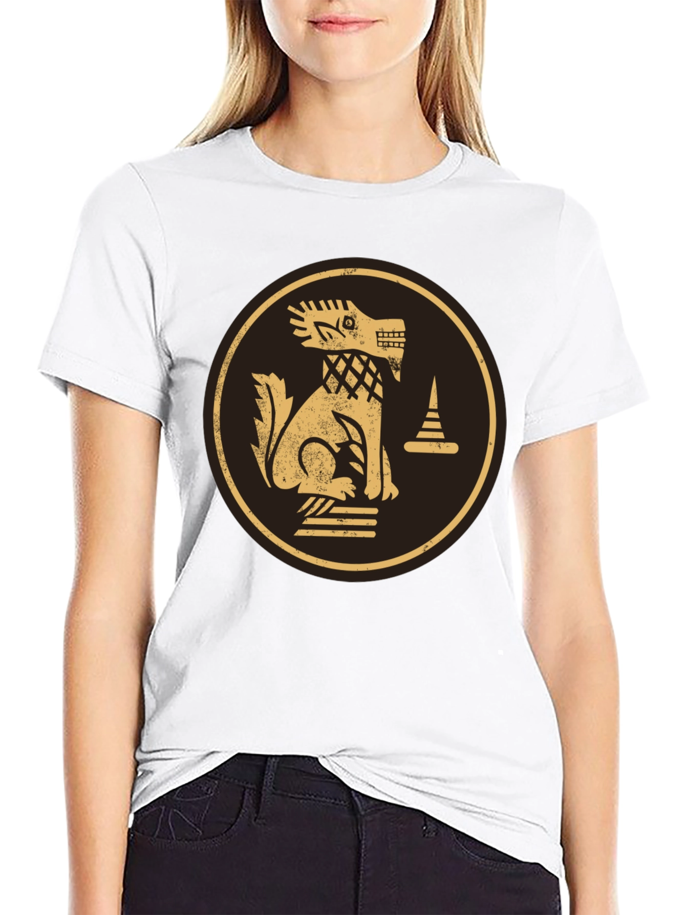 Black T-Shirt with Golden Aztec Dog Design