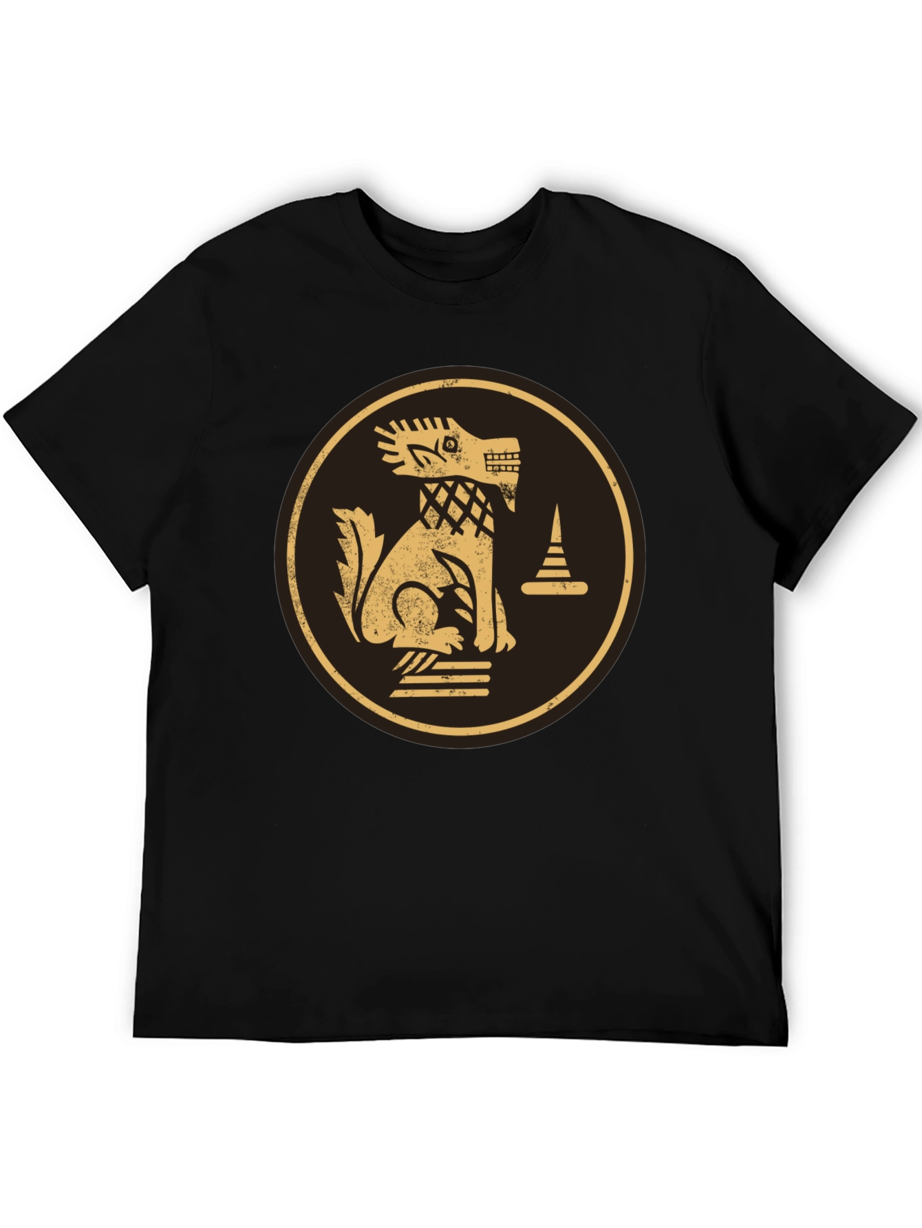 Black T-Shirt with Golden Aztec Dog Design