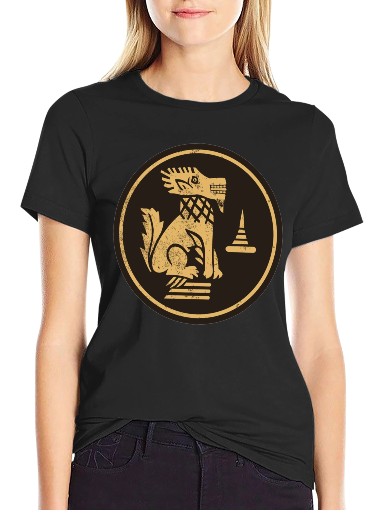 Black T-Shirt with Golden Aztec Dog Design