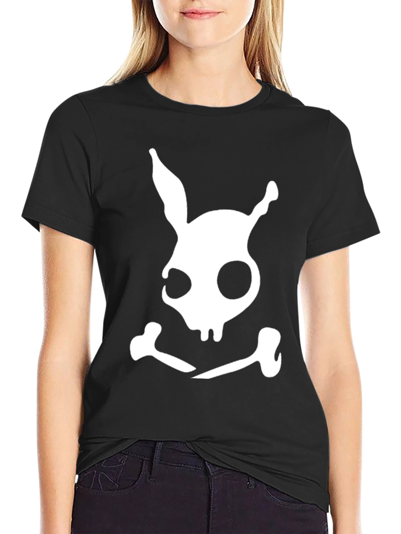 Bunny Skull Graphic Tee - Black Cotton Blend Shirt