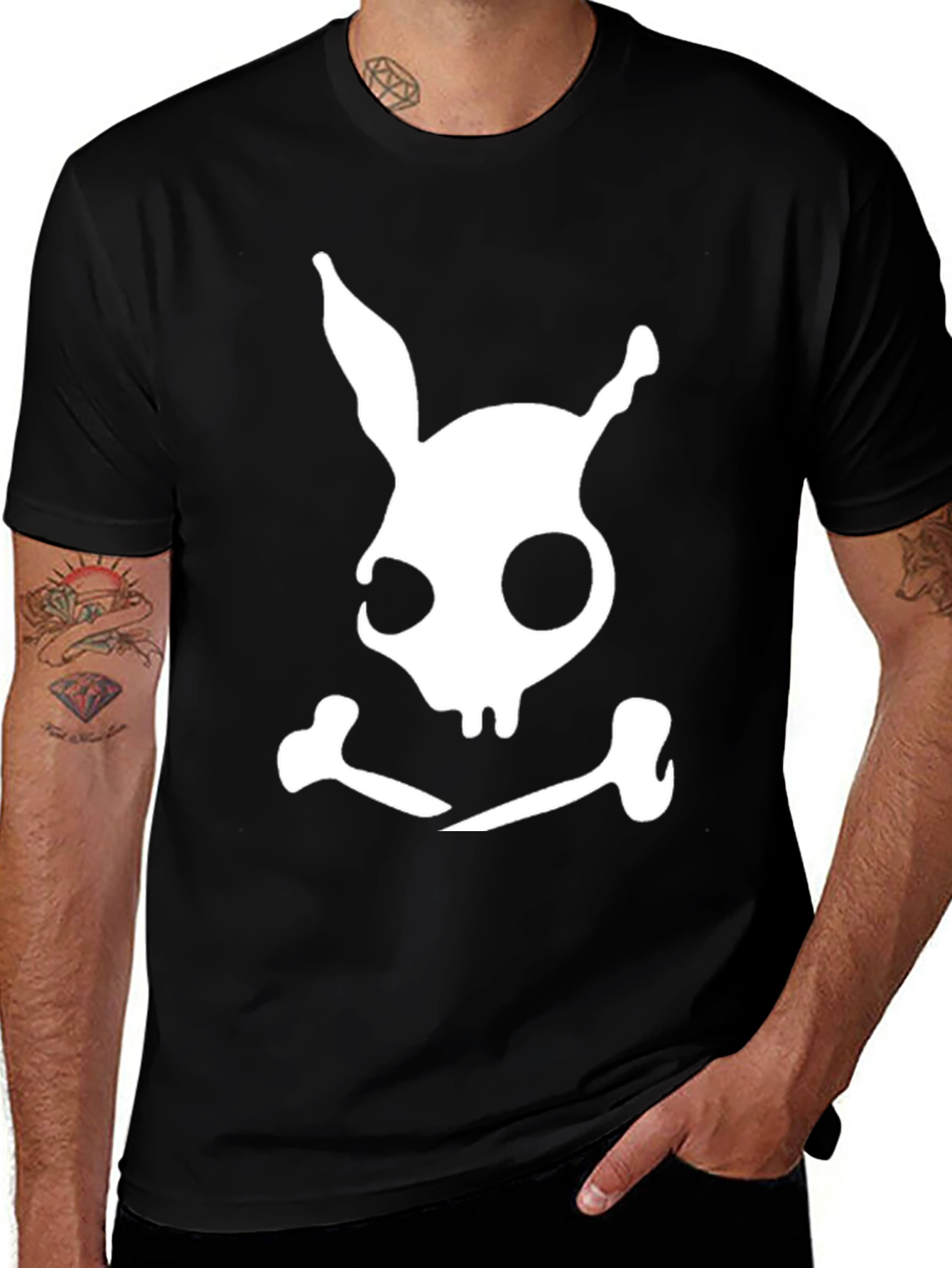 Bunny Skull Graphic Tee - Black Cotton Blend Shirt