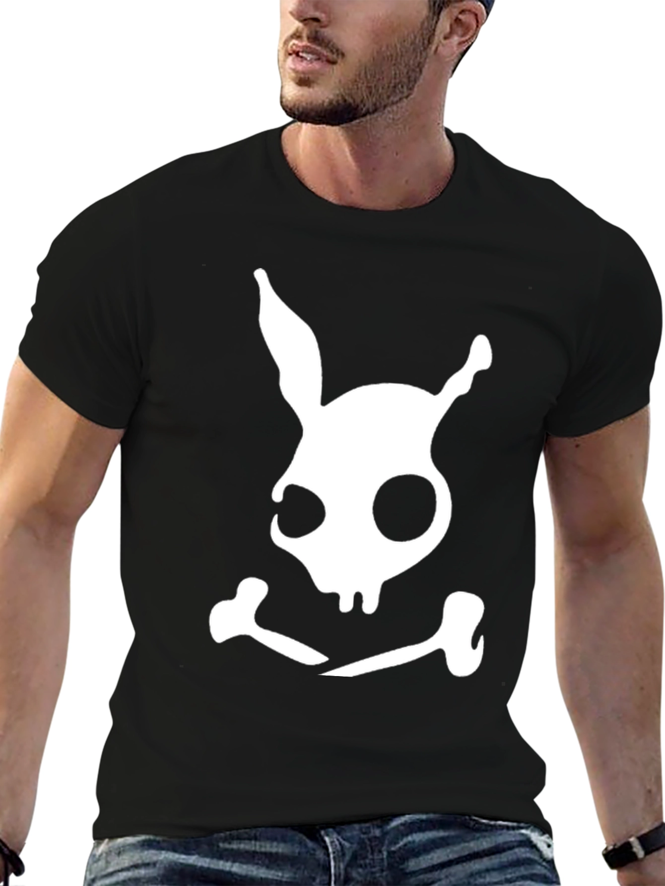 Bunny Skull Graphic Tee - Black Cotton Blend Shirt