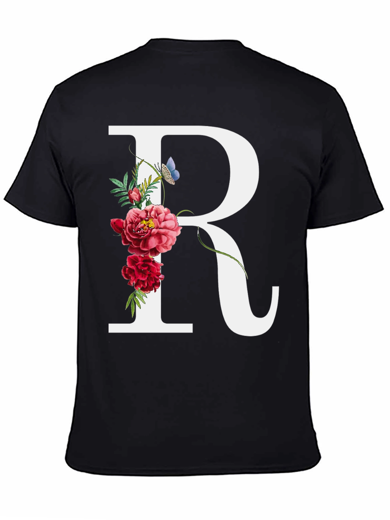Floral Initial R Black T-Shirt