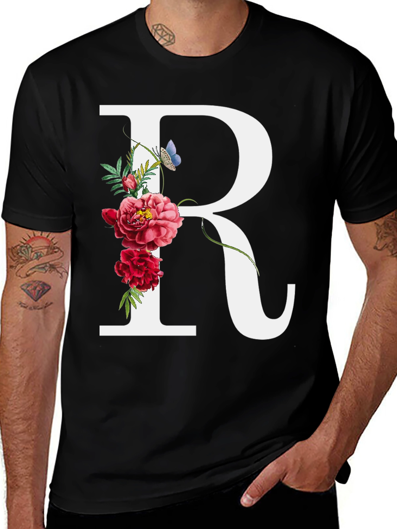 Floral Initial R Black T-Shirt