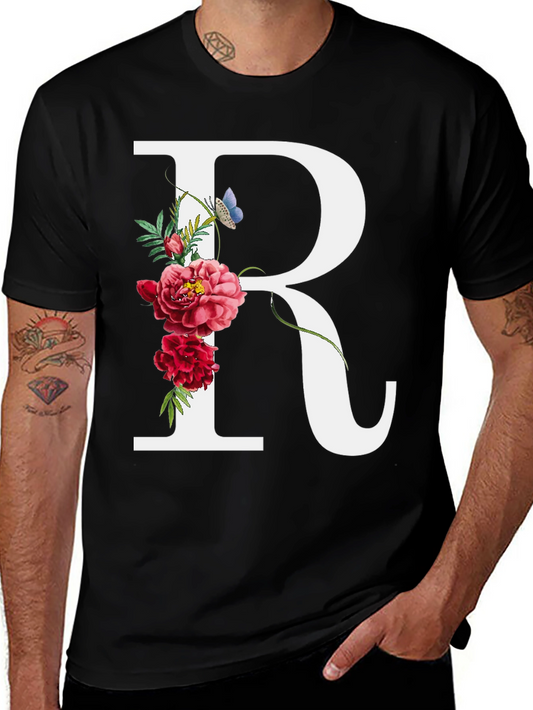 Floral Initial R Black T-Shirt