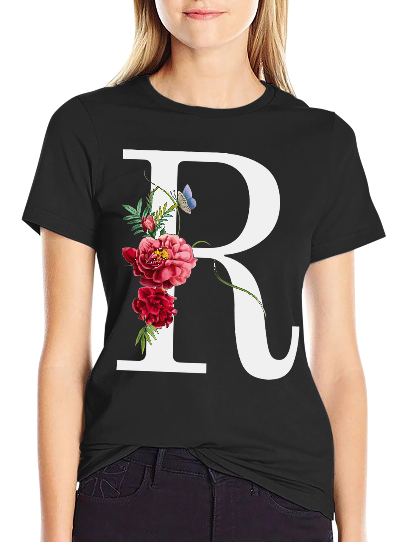 Floral Initial R Black T-Shirt