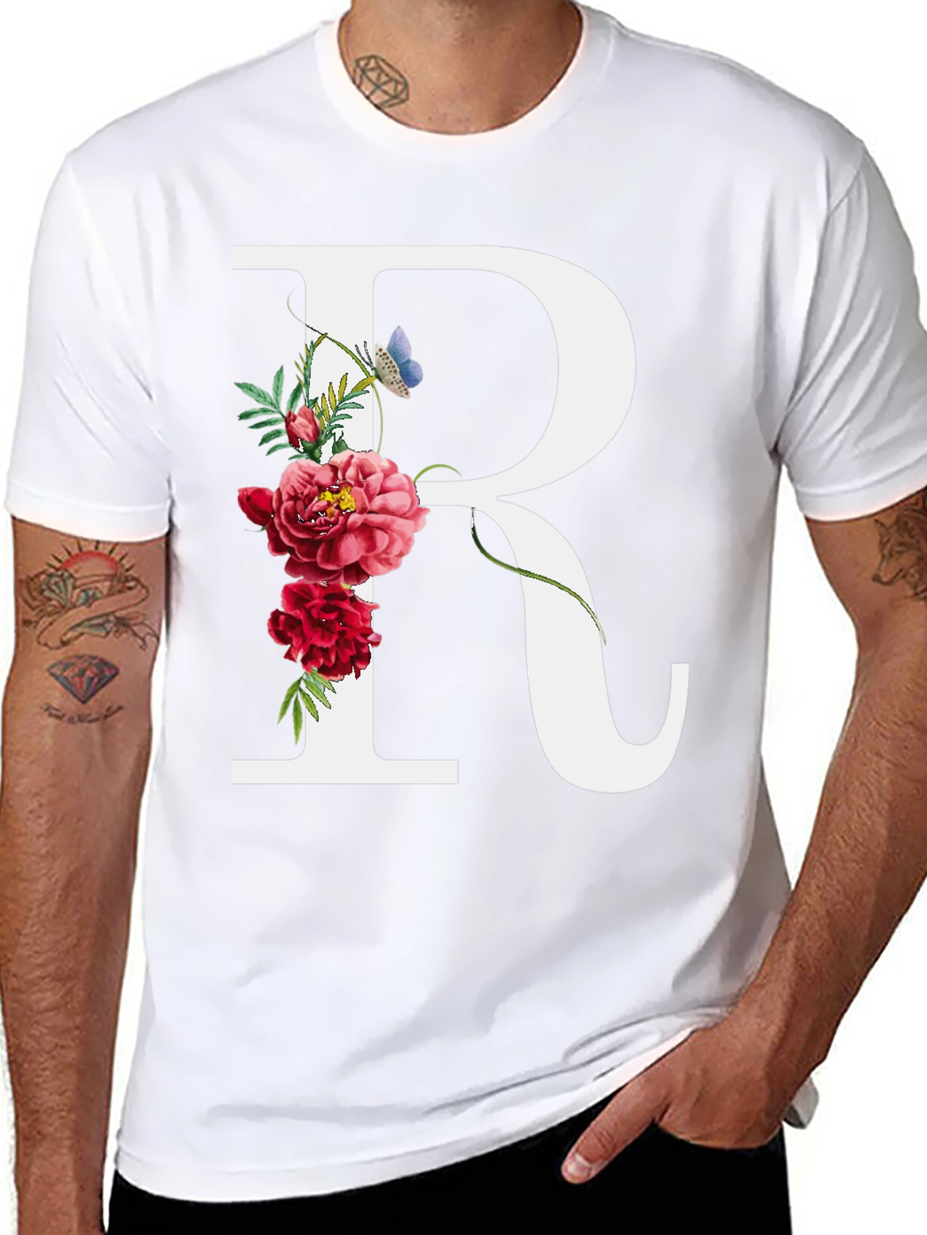 Floral Initial R Black T-Shirt